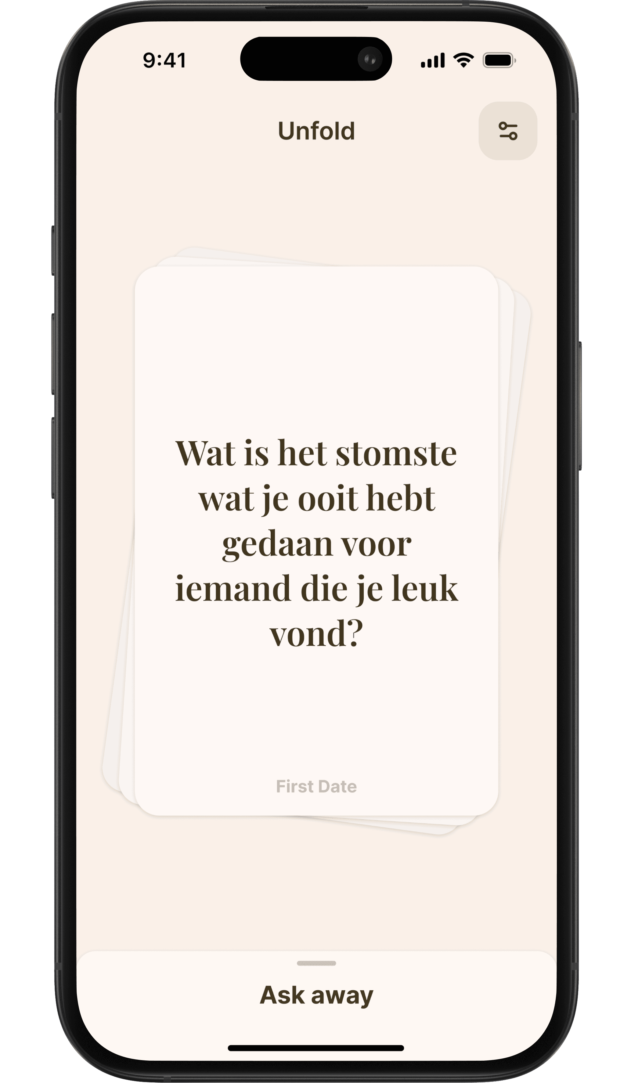 Unfold app — kaart met vraag